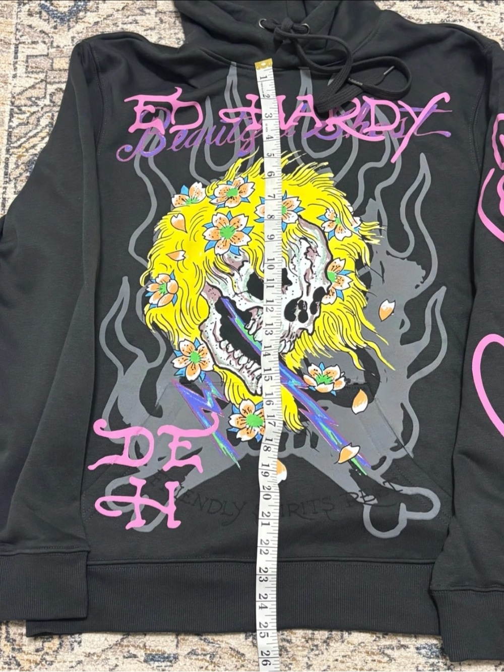 Ed Hardy Black Hoodie with Yellow Floral Skull Graphic - Picture 7 of 9